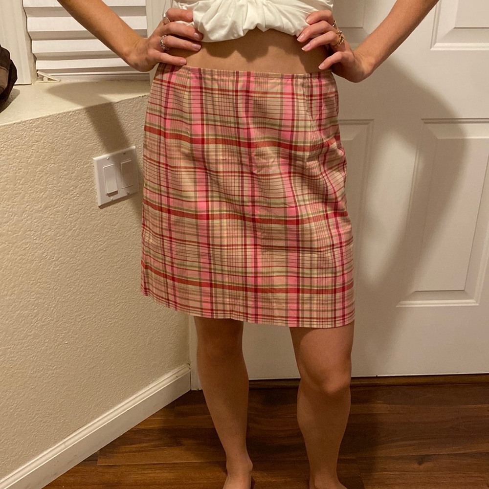 Ann Taylor Midi Plaid Skirt. Pink Red and Tan colors.